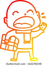 warm gradient line drawing of a cartoon shouting bald man with present
