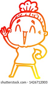 warm gradient line drawing of a cartoon happy old lady