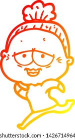 warm gradient line drawing of a cartoon happy old lady