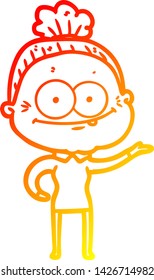 warm gradient line drawing of a cartoon happy old woman