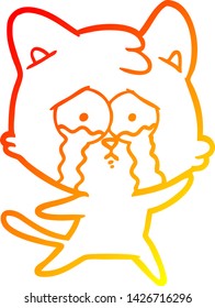 dibujo de línea de degradado cálido de un gato llorando dibujos animados