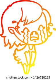 warm gradient line drawing of a cartoon crying vampire girl