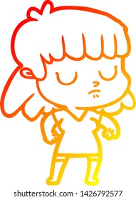 warm gradient line drawing of a cartoon indifferent woman