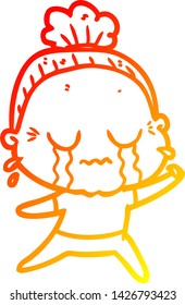 warm gradient line drawing of a cartoon crying old lady