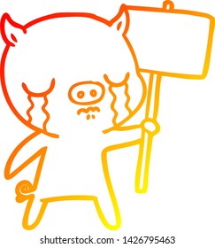 warm gradient line drawing of a cartoon crying pig with sign post
