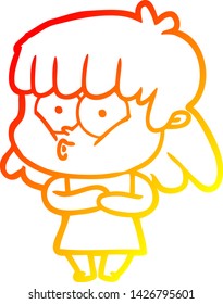 dibujo de línea de gradiente cálido de una niña que silba dibujos animados