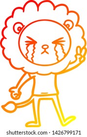 warm gradient line drawing of a cartoon crying lion giving peace sign