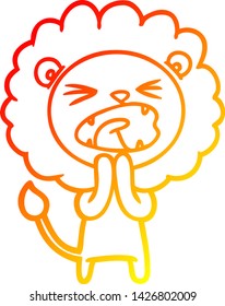 warm gradient line drawing of a cartoon lion praying
