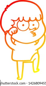 warm gradient line drawing of a cartoon curious boy rubbing eyes in disbelief