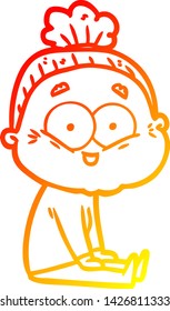 warm gradient line drawing of a cartoon happy old woman
