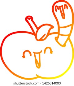 warm gradient line drawing of a cartoon worm in happy apple