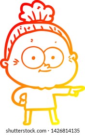 warm gradient line drawing of a cartoon happy old woman