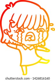 dibujo de línea de gradiente cálido de una niña de dibujos animados llorando