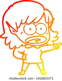 warm gradient line drawing of a cartoon shocked elf girl pointing