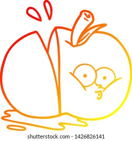 dibujo de línea de gradiente cálido de una manzana rebanada de dibujos animados