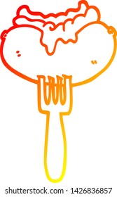 warm gradient line drawing of a cartoon hotdog with mustard and ketchup on fork