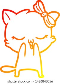 warm gradient line drawing of a cartoon cat with bow on head