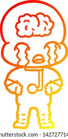 warm gradient line drawing of a cartoon big brain alien crying