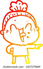 warm gradient line drawing of a cartoon happy old woman