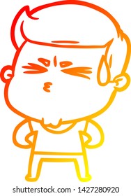 dibujo de línea de gradiente cálido de un hombre de dibujos animados sudando