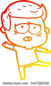 warme Farbverlauf-Linie Zeichnung eines Cartoon müden Mann