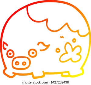 dibujo de línea de degradado cálido de un cerdo sucio de dibujos animados