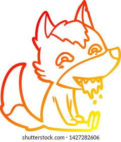warm gradient line drawing of a cartoon hungry wolf sitting waiting