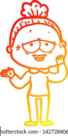 warm gradient line drawing of a cartoon happy old lady