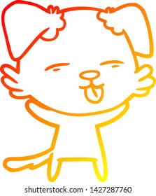 dibujo de línea de gradiente cálido de un perro de dibujos animados pegando la lengua