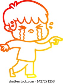 warme Farbverlauf-Linie Zeichnung eines Cartoon-Jungen weinend