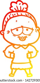 warm gradient line drawing of a cartoon happy old lady