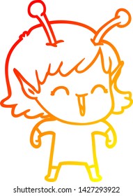 dibujo de una línea de degradado cálido de una chica alienígena que se ríe