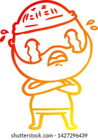 dibujo de línea de gradiente cálido de un hombre barbudo de dibujos animados llorando