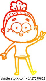 warm gradient line drawing of a cartoon happy old woman