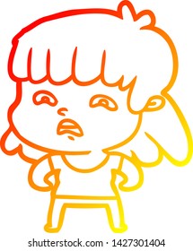 warm gradient line drawing of a cartoon worried woman