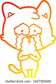 warm gradient line drawing of a cartoon crying cat
