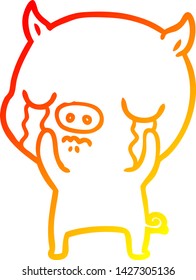 dibujo de línea de degradado cálido de un llanto de cerdo de dibujos animados