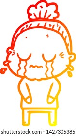 warm gradient line drawing of a cartoon crying old lady