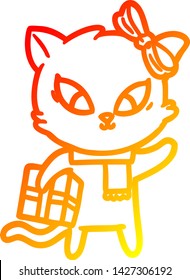 dibujo de línea de degradado cálido de un gato de dibujos animados