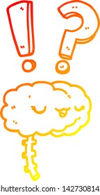 dibujo de línea de gradiente cálido de un cerebro curioso de dibujos animados
