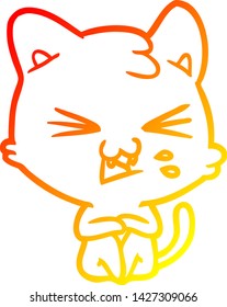 warm gradient line drawing of a cartoon cat hissing