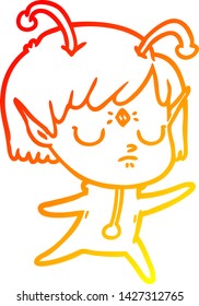 warm gradient line drawing of a cartoon alien girl