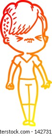 dibujo de línea de gradiente cálido de una hipster fastidiada de dibujos animados