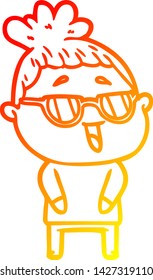 warm gradient line drawing of a cartoon happy woman wearing spectacles