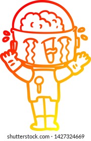 warm gradient line drawing of a cartoon crying robot