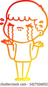 dibujo de línea de degradado cálido de un hombre de dibujos animados llorando
