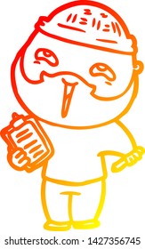 warm gradient line drawing of a cartoon happy bearded man