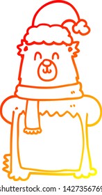 warm gradient line drawing of a cartoon bear wearing christmas hat