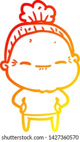 warm gradient line drawing of a cartoon peaceful old woman