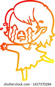 warm gradient line drawing of a cartoon crying vampire girl